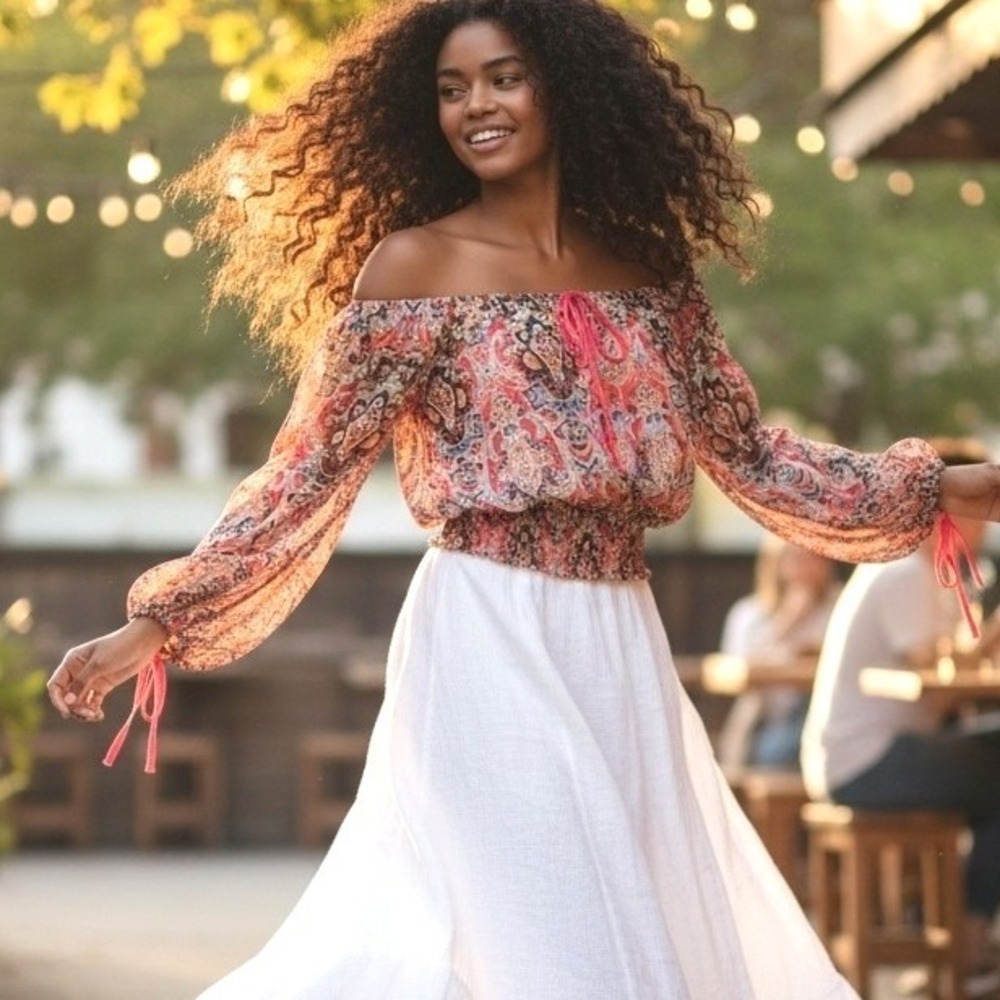Cotton Express Off Shoulder Boho Paisley Blouse Smocked Top Womens Size S